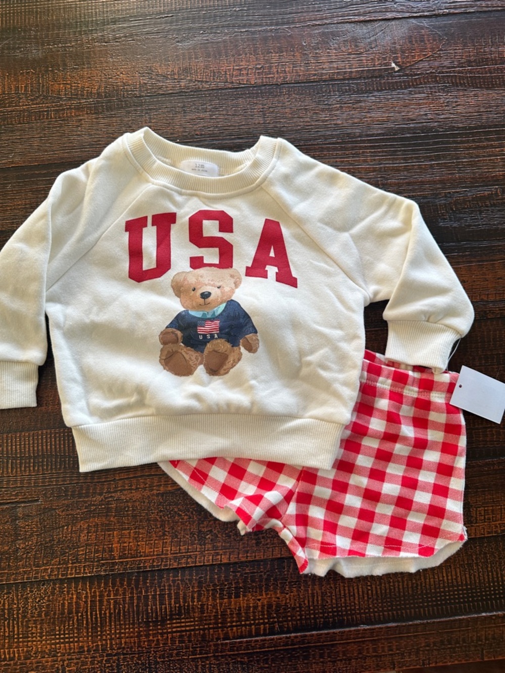 USA Bear Sweatshirt & Red Gingham Shorts Set